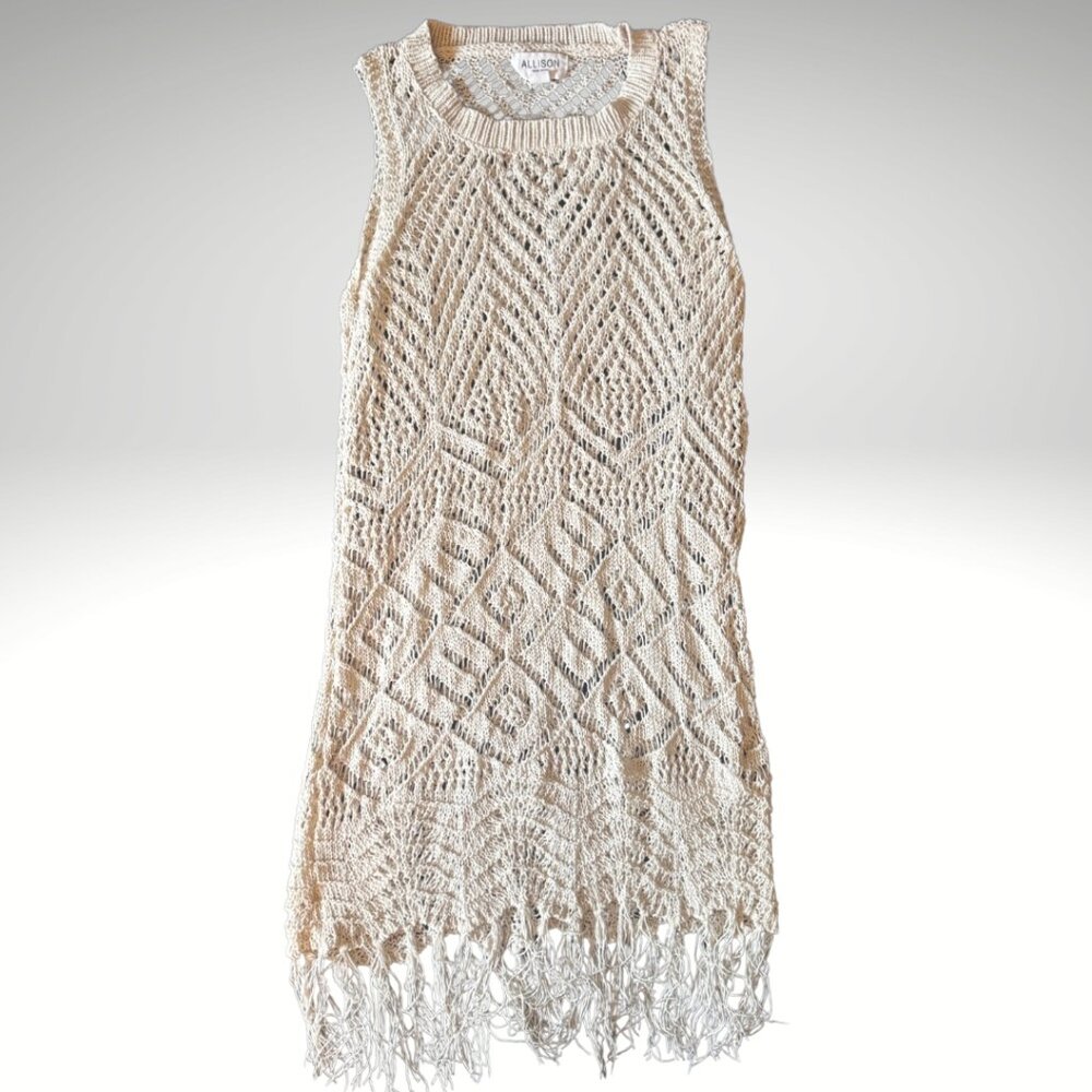 Allison New York Beige Boho Knit Fringe Cover-Up Dress – Sleeveless, Size Small